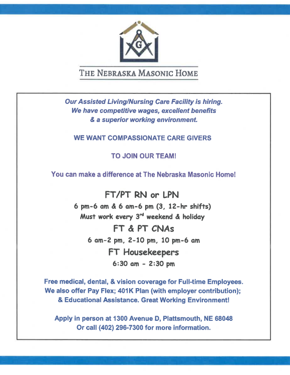 help wanted masonic Plattsmouth 072821