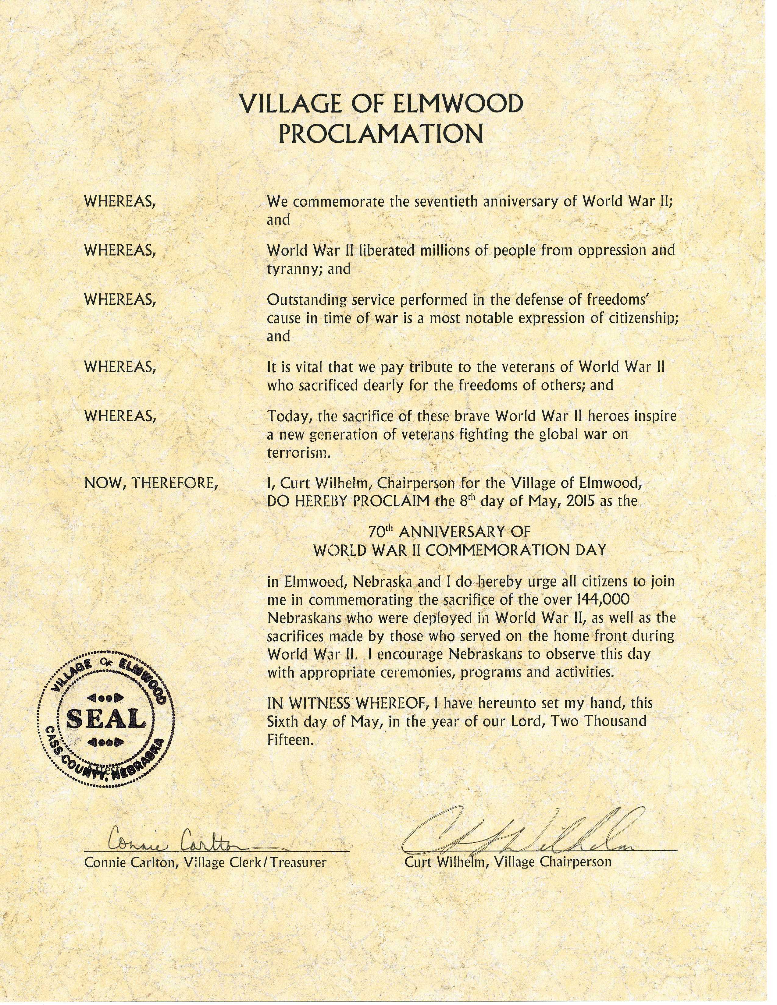 WWII Proclamation from Elmwood