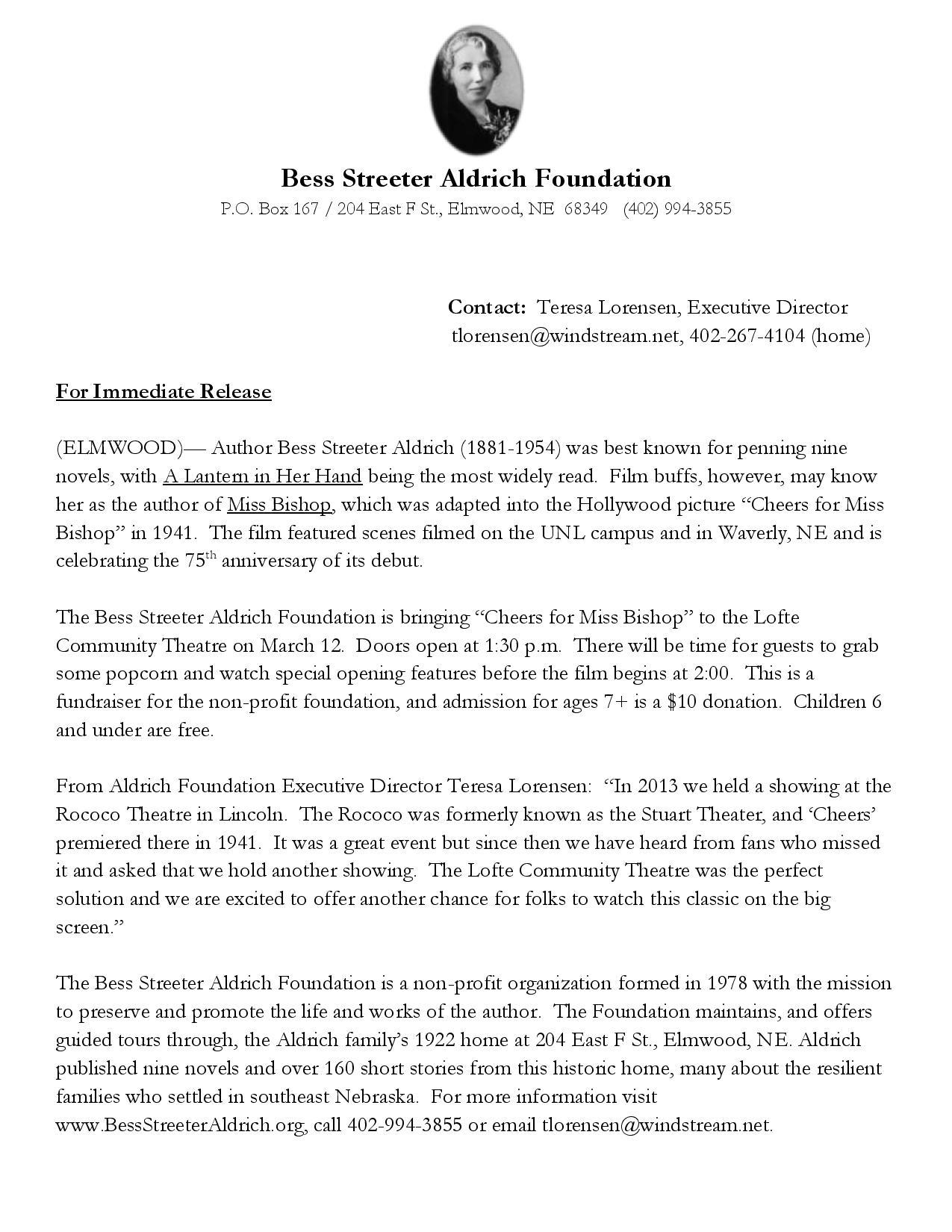 Press Release Cheers for Miss Bishop page 001
