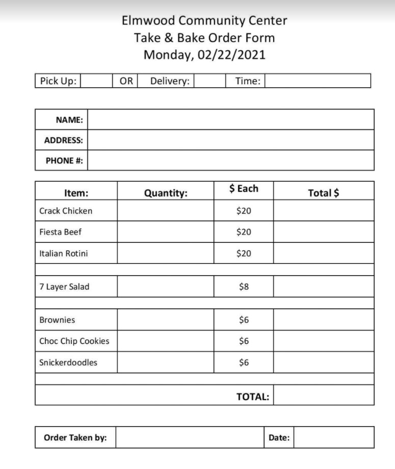 community center dinner order form
