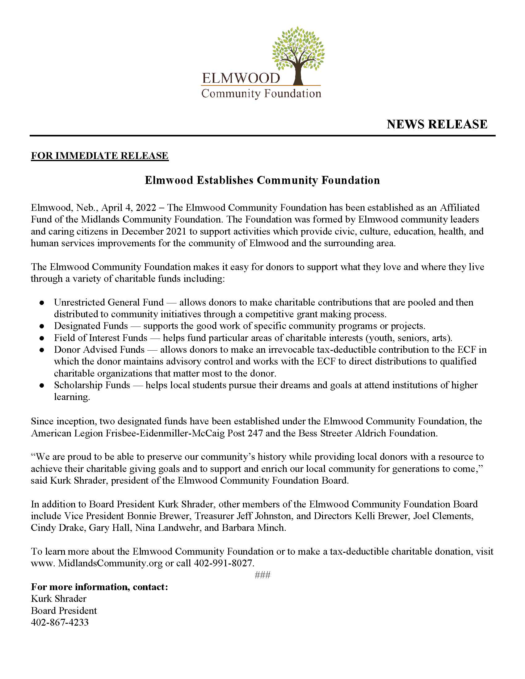 Elmwood Community Foundation News Release for newsletter