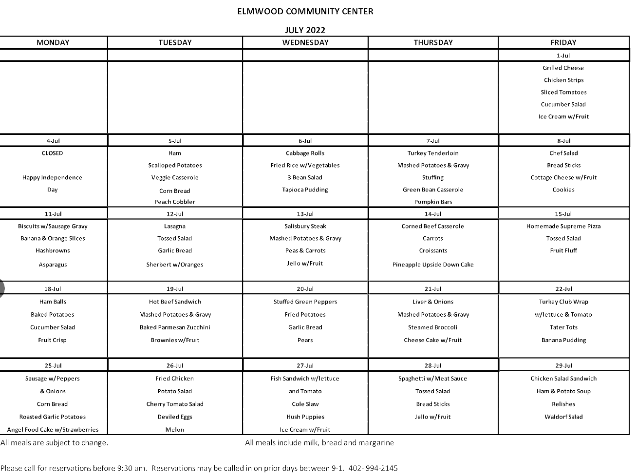 Elmwood Community Center menu 072022