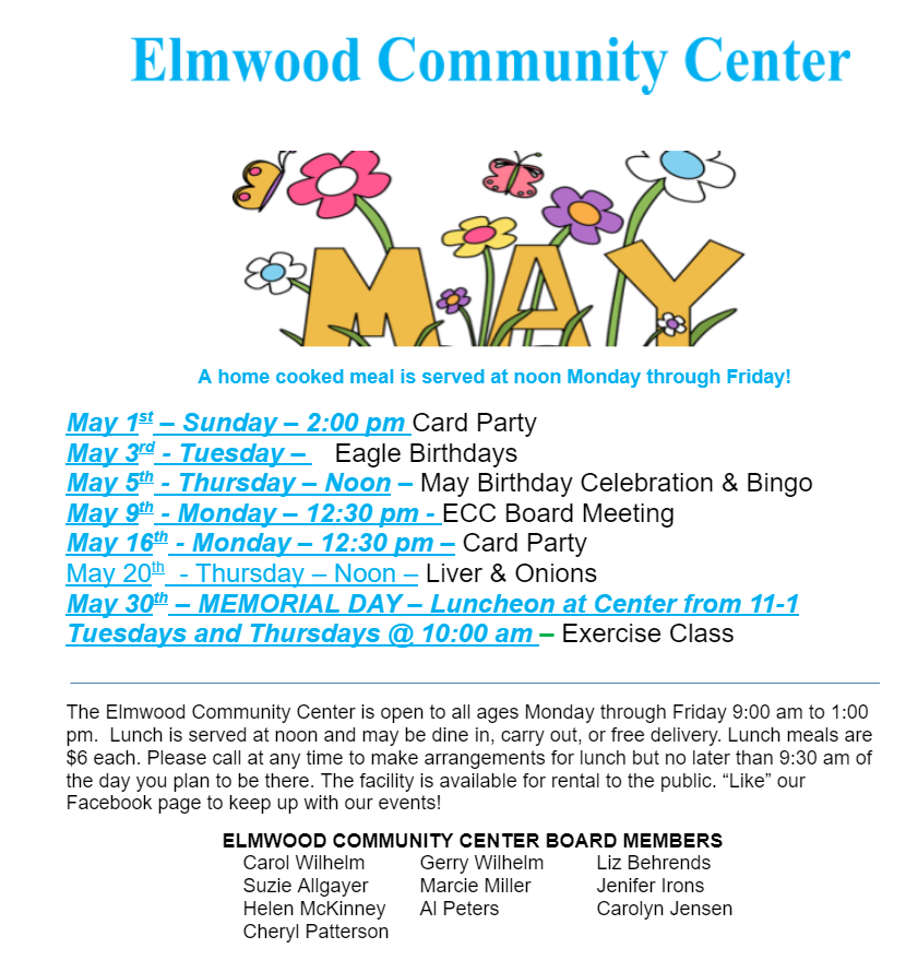 community Center calendar May 2022