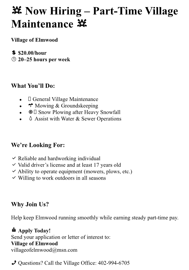 Village Elmwood Help wanted 2025 