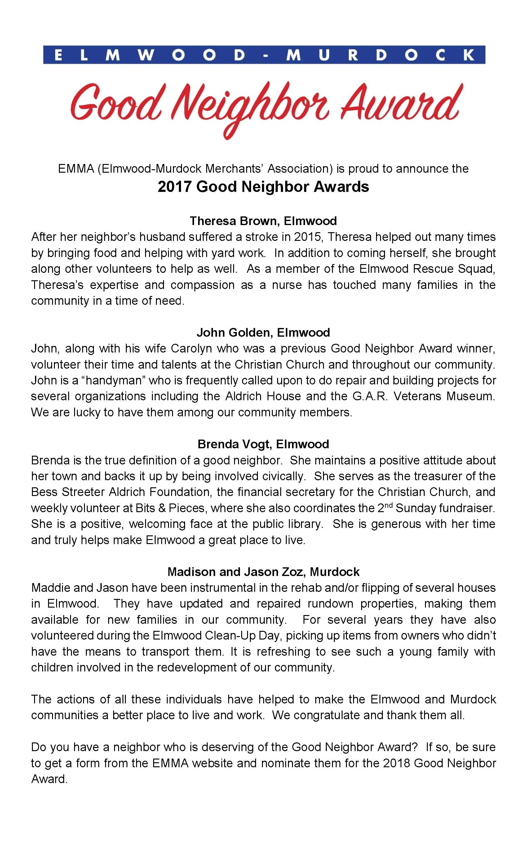 2017 Good Neighbor Awards write up for newsletter