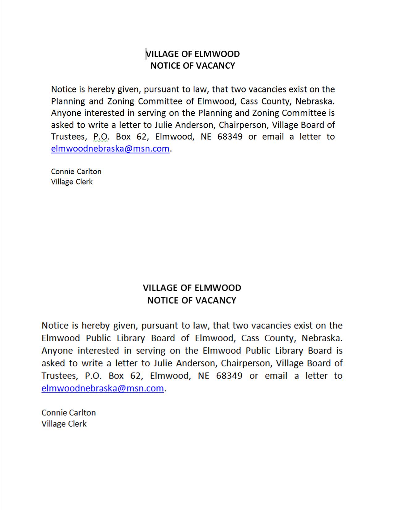 Vacancy of PC and Library Board 04 16 2018