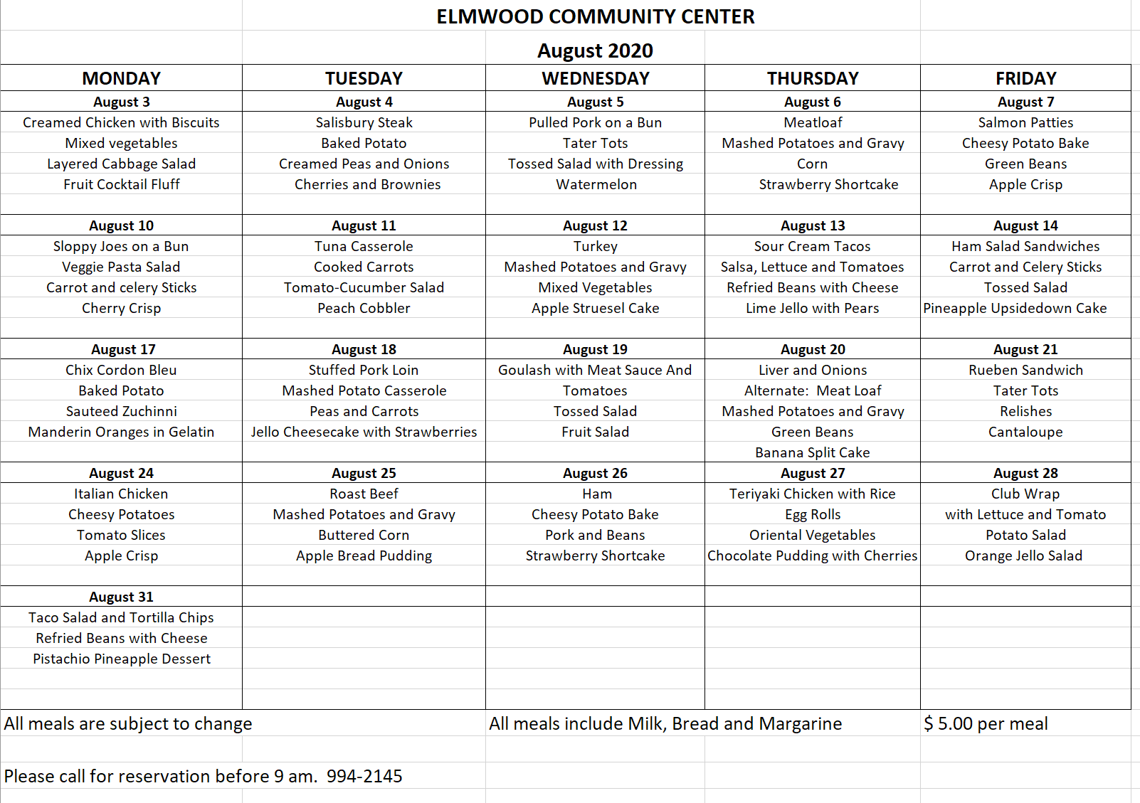 Community Center menu 82020